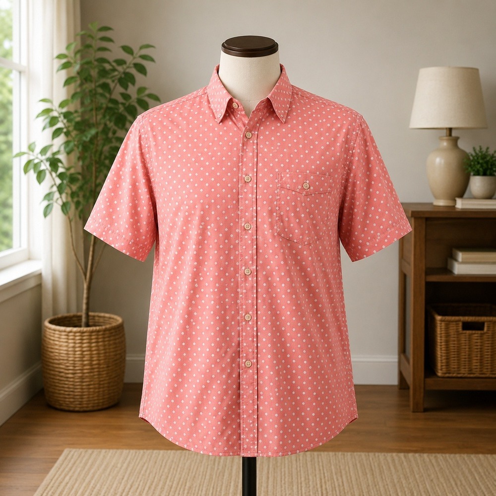 Genelli Button Up Shirt Mens Medium Pink Polka Dot Short Sleeve Casual Pocket